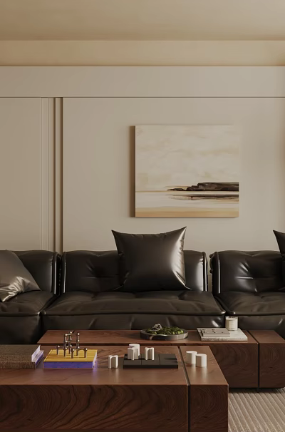 Modern Living Room Interior Design With Leather Sofa Coffee Table Floor Lamp And Artwork 3d model