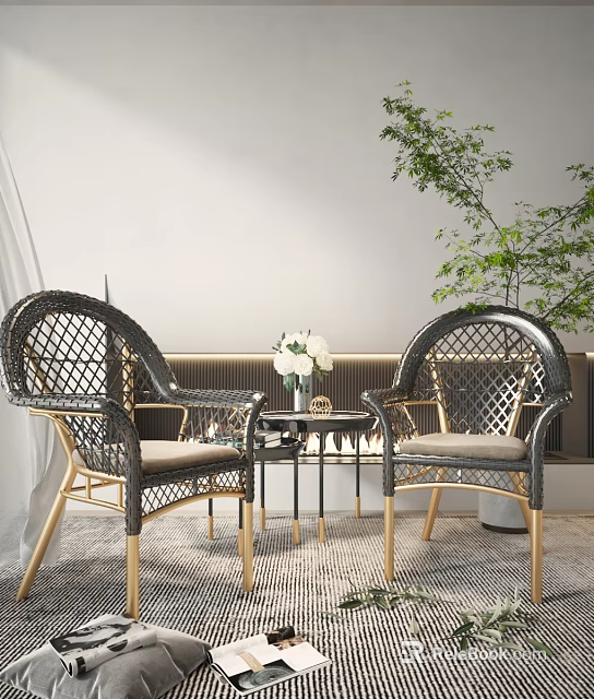 Modern Rattan Table And Chairs Set With Golden Legs Flowers And Green Plant 3d model 