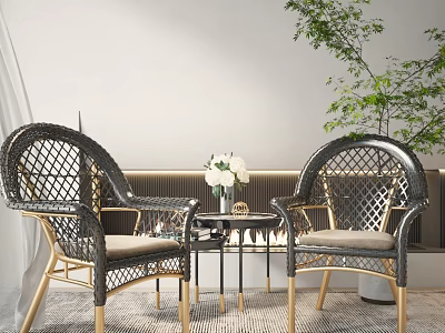 Modern Rattan Table And Chairs Set With Golden Legs Flowers And Green Plant 3d model