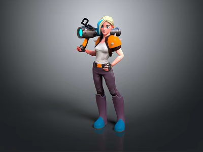 Blonde Game Character With Orange White Top Purple Pants Blue Boots Holding Blue Light Weapon 3d model