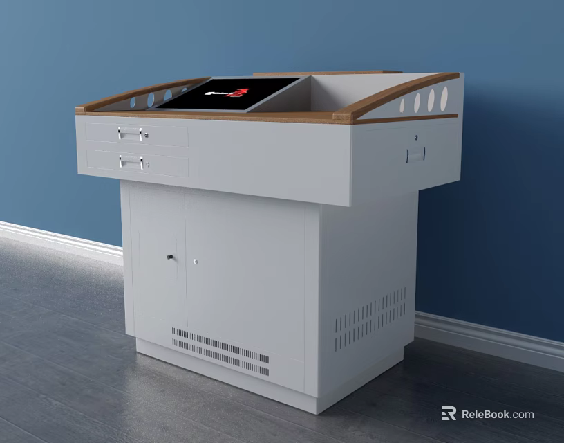 Modern Functional Desk With White Body Wooden Top Drawers Cabinets And Ventilation Grilles 3d model 