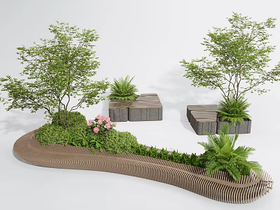 Outdoor Landscape Seats With Curved Wooden Design And Green Plants Trees Flowers 3d model