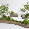 Outdoor Landscape Seats With Curved Wooden Design And Green Plants Trees Flowers