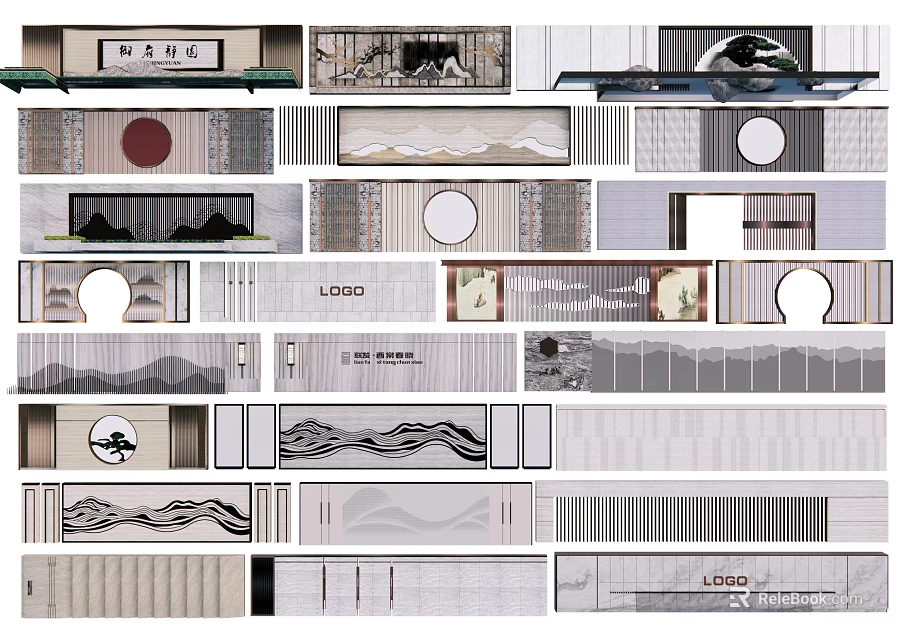 Traditional Chinese Feature Wall Designs With Circular Windows Landscape Paintings LOGO Elements And Wave Patterns 3d model