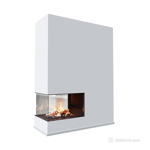 Modern White Fireplace Interior Design With Glass Door And Burning Logs 3d model 