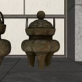 Ancient Bronze Tripod Cauldrons With Intricate Carvings And Three Legs On Stone Floor