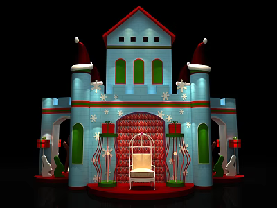Festive Christmas Castle Decoration With Santa Hats Red Blue Design And Chair 3d model