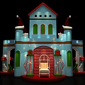 Festive Christmas Castle Decoration With Santa Hats Red Blue Design And Chair