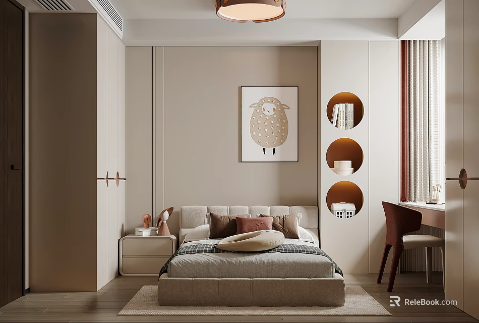 Kids Room With Modern Beige Walls Bed Sheep Art Round Shelves Desk And Pendant Light 3d model 