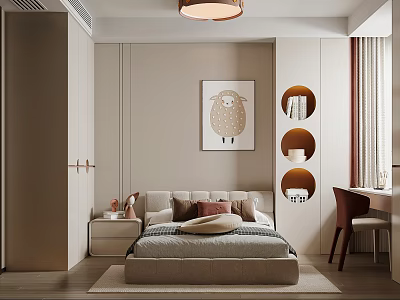 Kids Room With Modern Beige Walls Bed Sheep Art Round Shelves Desk And Pendant Light 3d model