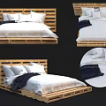 Double Bed with Pallet Frame White Pillows White Bedspread and Dark Textured Blanket 3d model