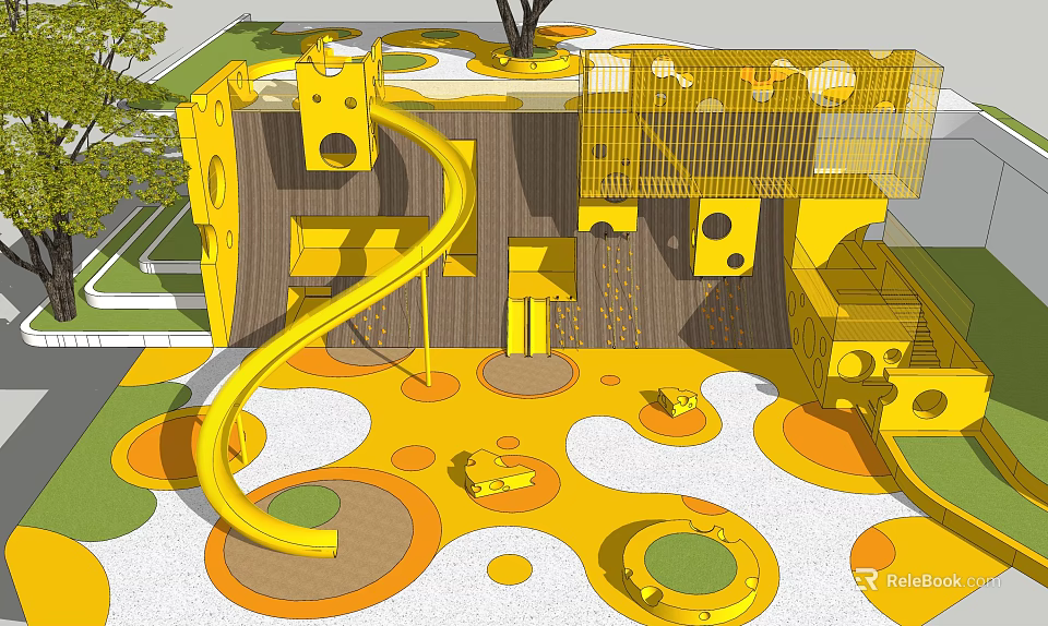 Colorful Yellow Playground Equipment With Slide Climbing Net Tree And Circular Floor Patterns 3d model 
