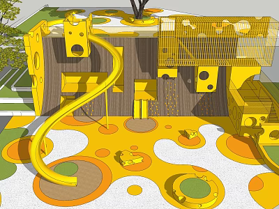 Colorful Yellow Playground Equipment With Slide Climbing Net Tree And Circular Floor Patterns 3d model