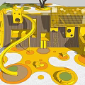 Colorful Yellow Playground Equipment With Slide Climbing Net Tree And Circular Floor Patterns