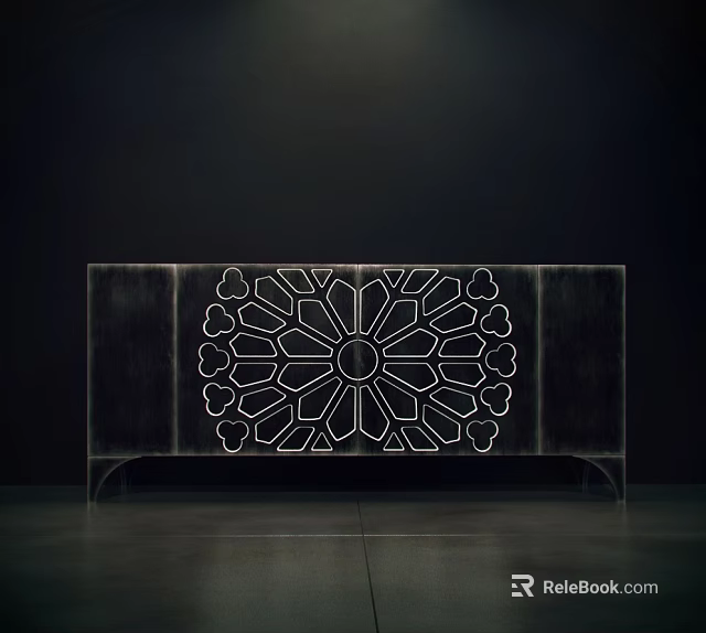 Black TV Stand Featuring Intricate White Cutout Floral Pattern Design 3d model 