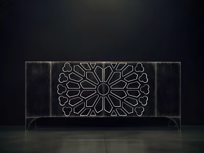 Black TV Stand Featuring Intricate White Cutout Floral Pattern Design 3d model