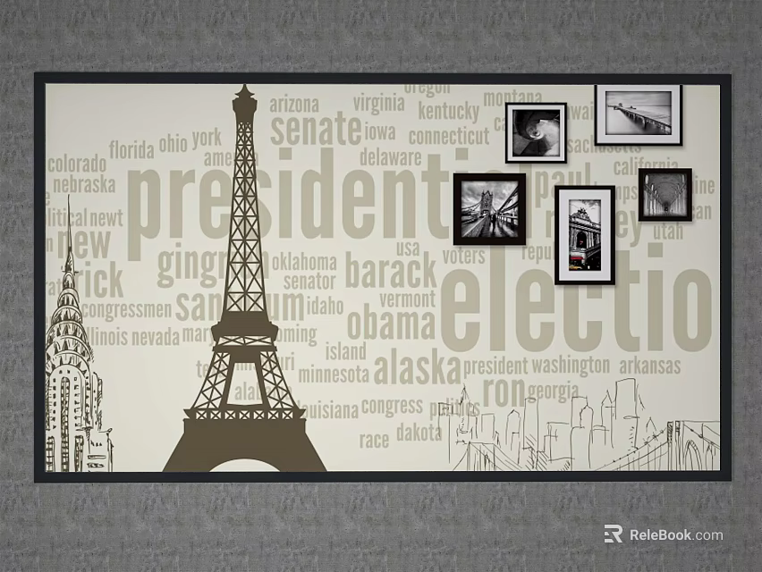 Framed Wall Art With Eiffel Tower Newspaper Clippings Small Photos And City Skylines 3d model 