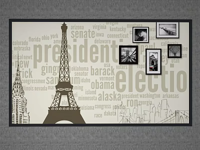 Framed Wall Art With Eiffel Tower Newspaper Clippings Small Photos And City Skylines 3d model