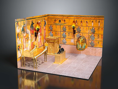 Egyptian Style Interior With Golden Decorations Murals Cat Statue And Wall Patterns 3d model