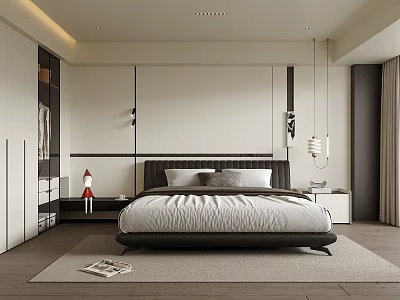 Modern Bedroom Interior With Paneled Walls Black Headboard Bedside Tables And Pendant Lights 3d model