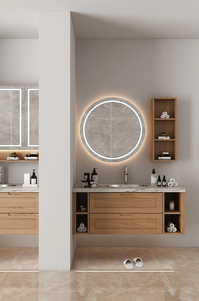 Modern Bathroom Interior Design With Round Mirror Wooden Vanity And Storage Cabinets 3d model