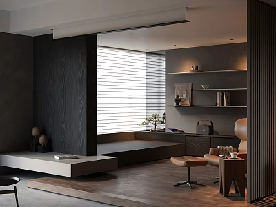 Modern Minimalist Study Room Interior With Wooden Bookshelves Desk And Window Blinds 3d model