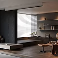 Modern Minimalist Study Room Interior With Wooden Bookshelves Desk And Window Blinds