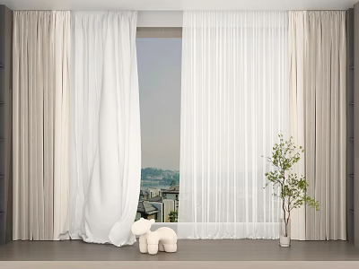 Layered Sheer and Thick Curtains for Window with Scenic View White Animal Figurine and Potted Plant 3d model