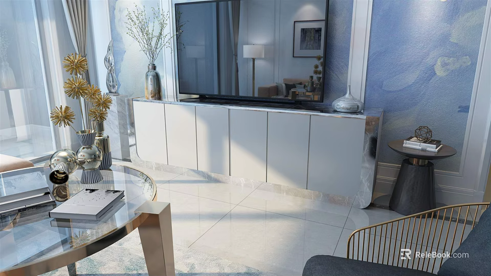 Modern Living Room TV Stand With White Cabinets Marble Top And Decorative Vases 3d model 
