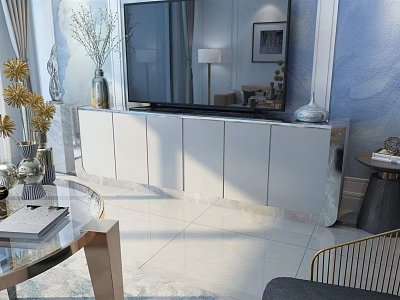 Modern Living Room TV Stand With White Cabinets Marble Top And Decorative Vases 3d model