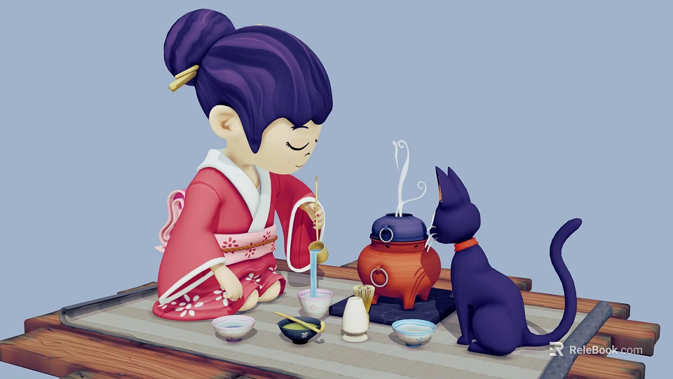 Girl in Red Kimono with Cherry Blossom Pattern Stirring Steaming Teapot Beside Black Cat 3d model 