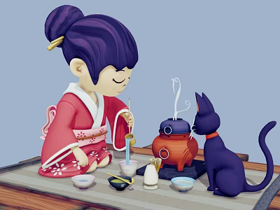 Girl in Red Kimono with Cherry Blossom Pattern Stirring Steaming Teapot Beside Black Cat 3d model