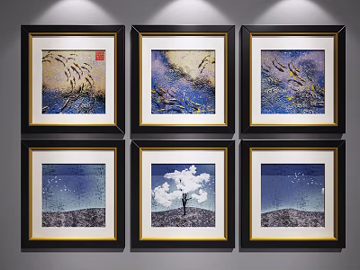Modern Framed Abstract Paintings Wall Art With Blue Tones And Natural Elements 3d model