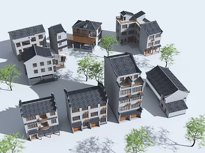 Traditional Chinese Residential Buildings With Black Roofs White Walls And Green Trees 3d model