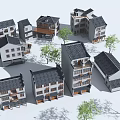 Traditional Chinese Residential Buildings With Black Roofs White Walls And Green Trees
