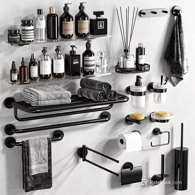 Modern Black Bathroom Accessories With Towel Racks And Soap Dishes 3d model 