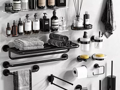 Modern Black Bathroom Accessories With Towel Racks And Soap Dishes 3d model