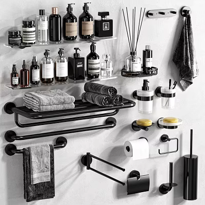Modern Black Bathroom Accessories With Towel Racks And Soap Dishes 3d model