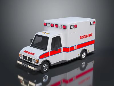White Ambulance Vehicle With Red Blue Stripes Side Lettering And Roof Emergency Lights 3d model