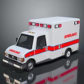 White Ambulance Vehicle With Red Blue Stripes Side Lettering And Roof Emergency Lights