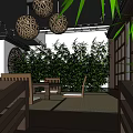 Traditional Chinese Clubhouse Interior With Lanterns Green Plants Circular Arch And Stone Wall Design