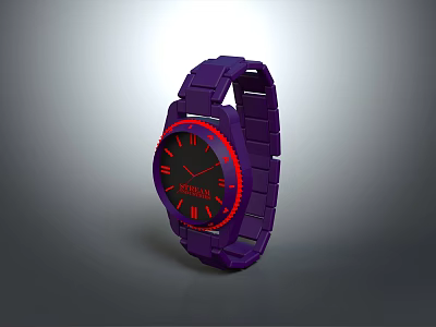 Purple Fashion Watch with Black Dial Red Hands Markers and Purple Strap 3d model
