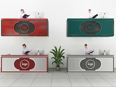 Colorful Modern Reception Desk Design With Logo Computer And Potted Plant 3d model