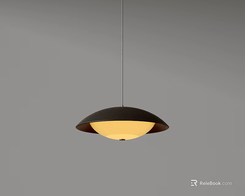 Modern Black Shade Pendant Light With Yellow Light Source Hanging On Gray Background 3d model