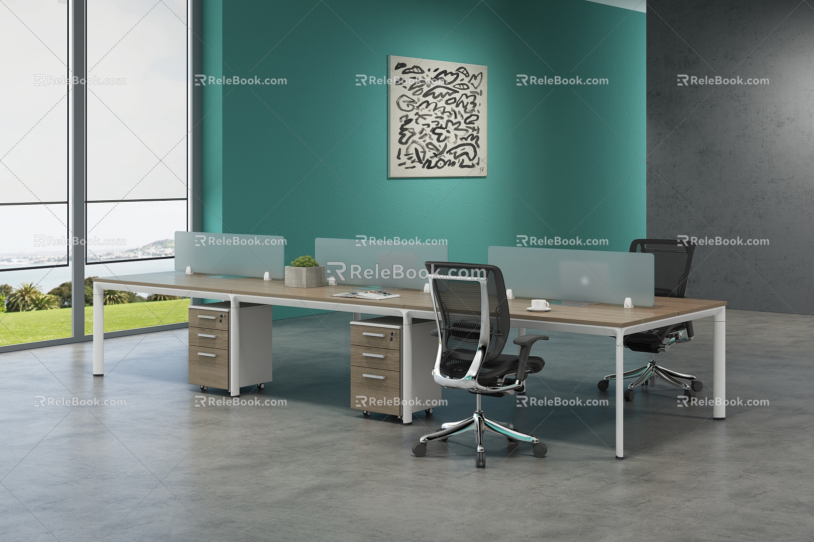 Open office area desk station staff office with bed station financial office office staff office 3d model