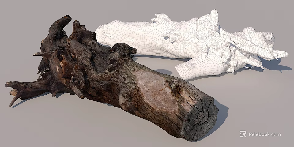 Real Wood Log And White Stone Mesh Model Showcasing Natural Texture And Structure 3d model