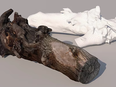 Real Wood Log And White Stone Mesh Model Showcasing Natural Texture And Structure 3d model