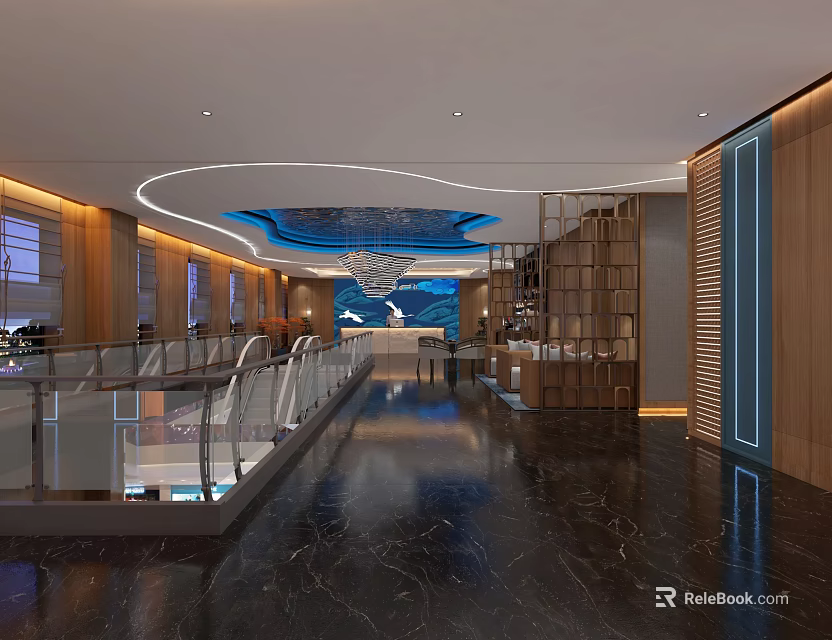 Modern Hotel Lobby Interior Design With Marble Floor And Wooden Decor Elements 3d model 