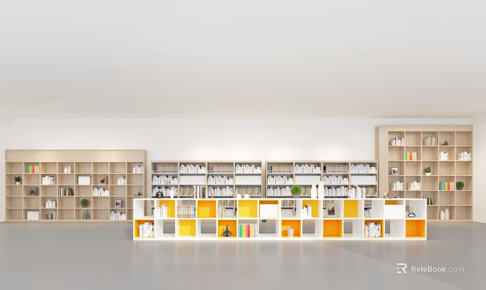 Modern White and Yellow Bookshelf With Multiple Compartments Books and Plants 3d model 