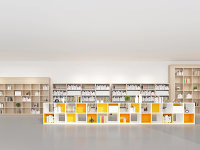 Modern White and Yellow Bookshelf With Multiple Compartments Books and Plants 3d model